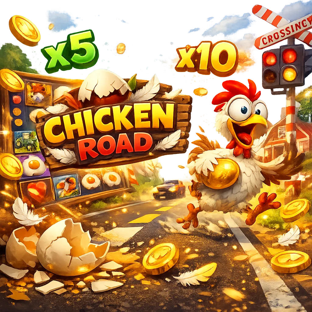 Dynamic promo image of a humorous chicken on a road with coins, feathers, and colorful slot game elements