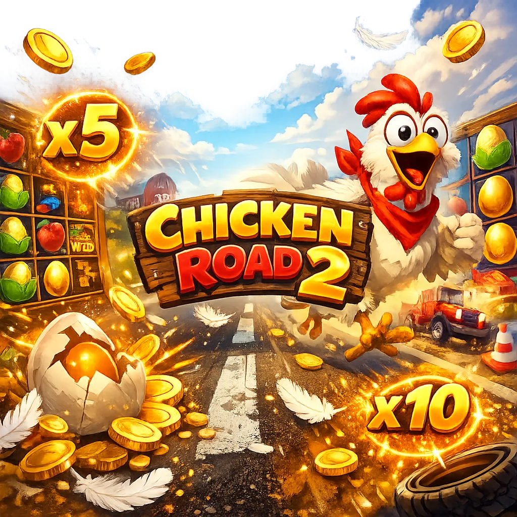 Dynamic promotional image featuring a funny chicken, road lanes, coins, and playful crash-game energy with bright colors.